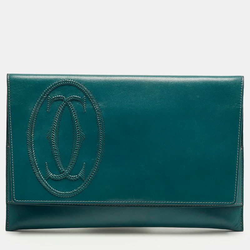 Cartier Teal Blue Leather Logo Flap Clutch
